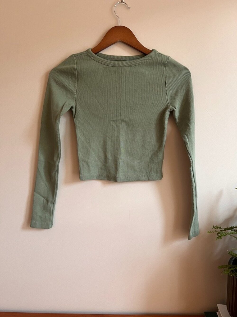 GAP Sage Green Ribbed Long Sleeve Crop Top | XXS | 97% Cotton